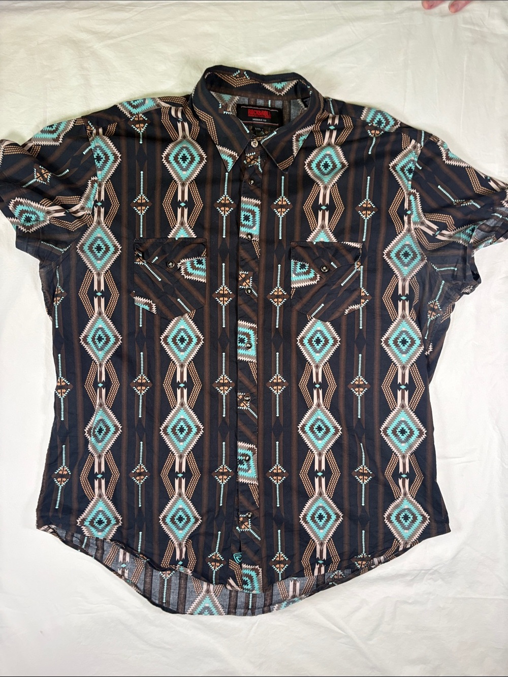 Short-Sleeve Geometric Button-Down Shirt - Black/Turquoise